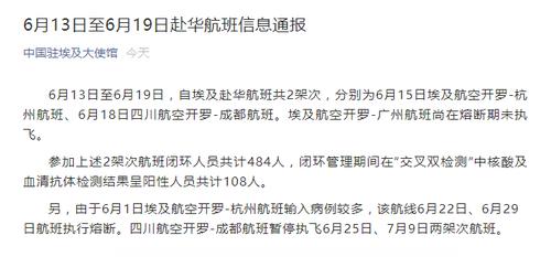 中国驻埃及大使馆最新通报！2个赴华航班108人检测阳性，多个航班暂停执飞