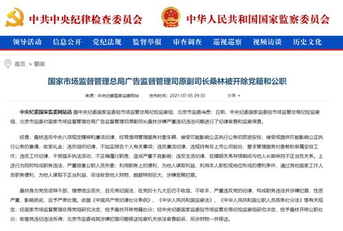 国家市场监管总局广告监管司原副司长桑林被双开