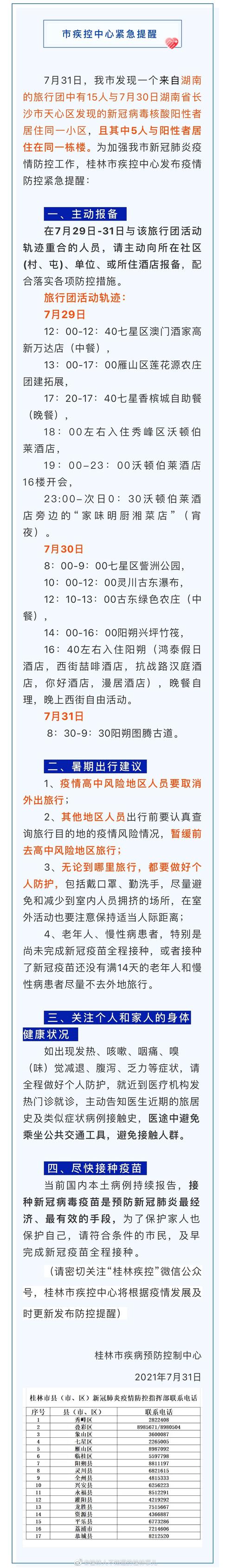 桂林疾控发布紧急提醒！桂林市旅行团与1例新冠病毒阳性确诊病例关联，旅行团活动轨迹公布