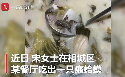 稀奇！女子吃酸菜鱼竟吃出一只癞蛤蟆，店家回应：这蛤蟆可能是被鱼吞食了