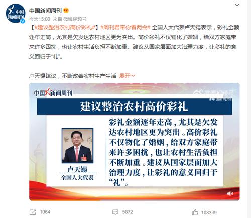 全国人大代表卢天锡：加大高价彩礼治理力度，严厉打击“买卖婚姻”
