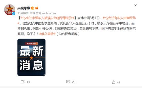 华人在乌中弹：搬运行李被误以为搬运军事物资，腰部受伤